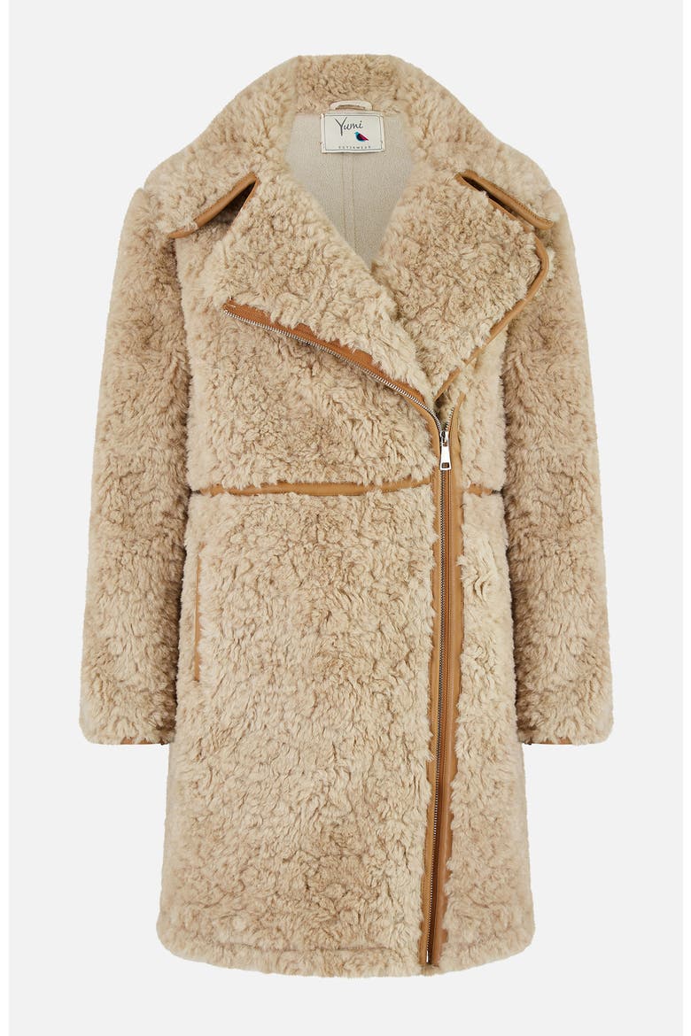 Textured Borg Long Line Biker Coat, Alternate, color, Brown