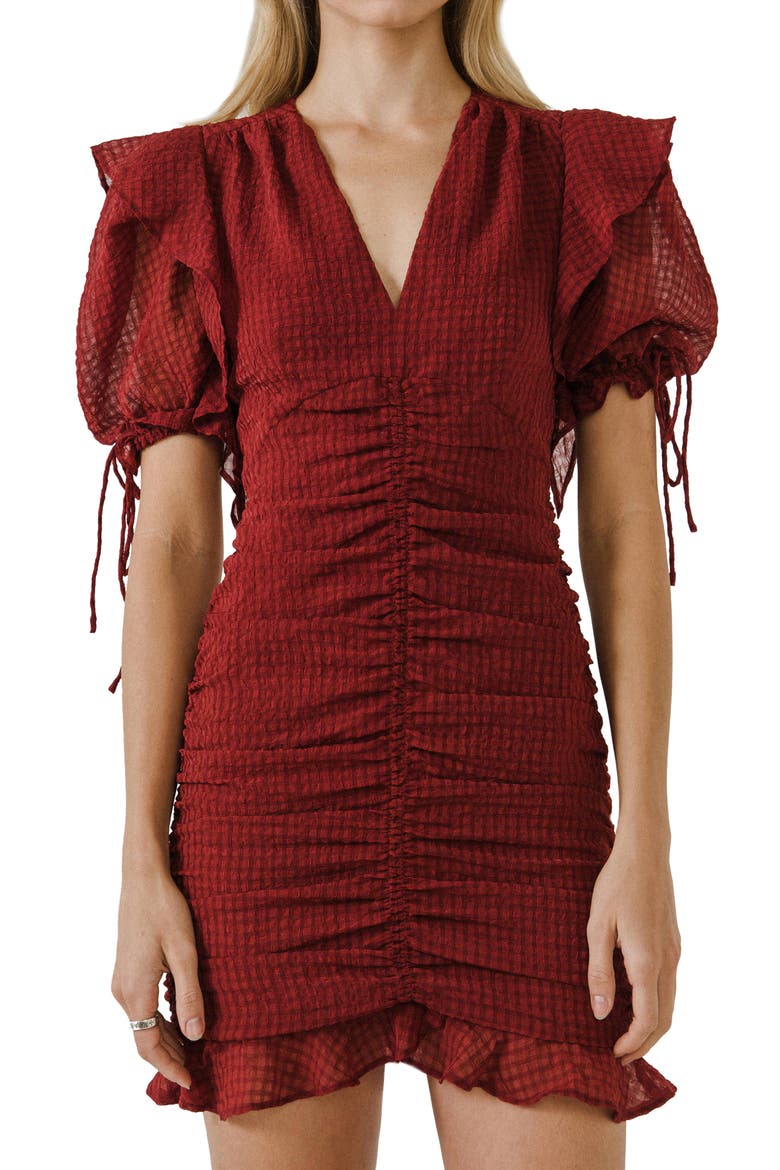 Puff Sleeve Ruched Minidress, Alternate, color, WINE