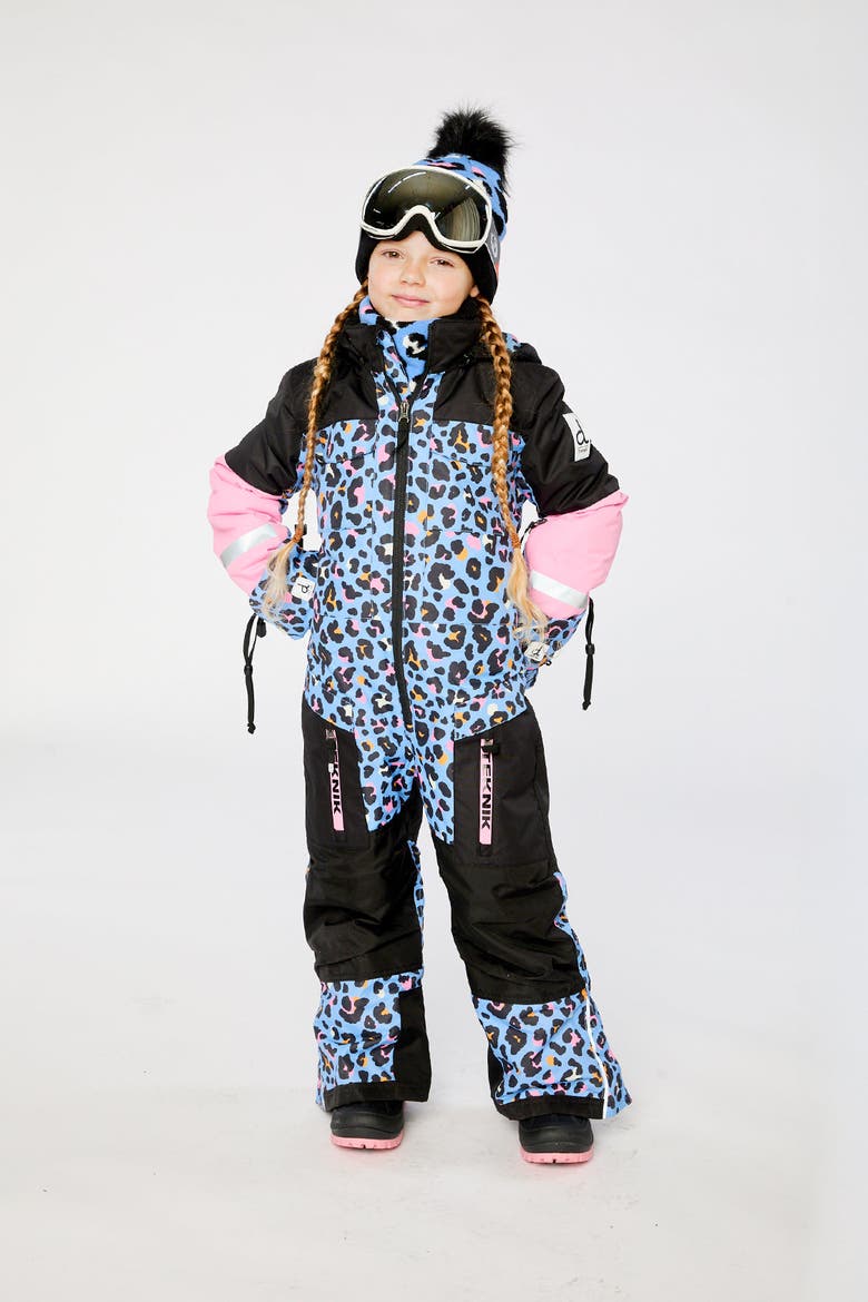 Teknik Leopard Fleece Lined & Reinforced Knees One Piece Snowsuit, Alternate, color, Blue Leopard Print