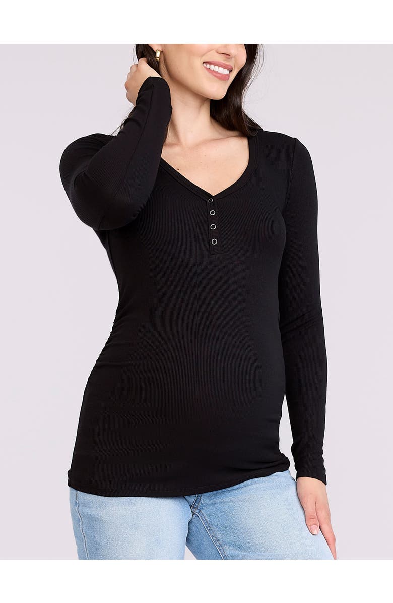 MOTHERHOOD MATERNITY V-Neck Side-Ruched Long Sleeve Henley Tee, Alternate, color, Black