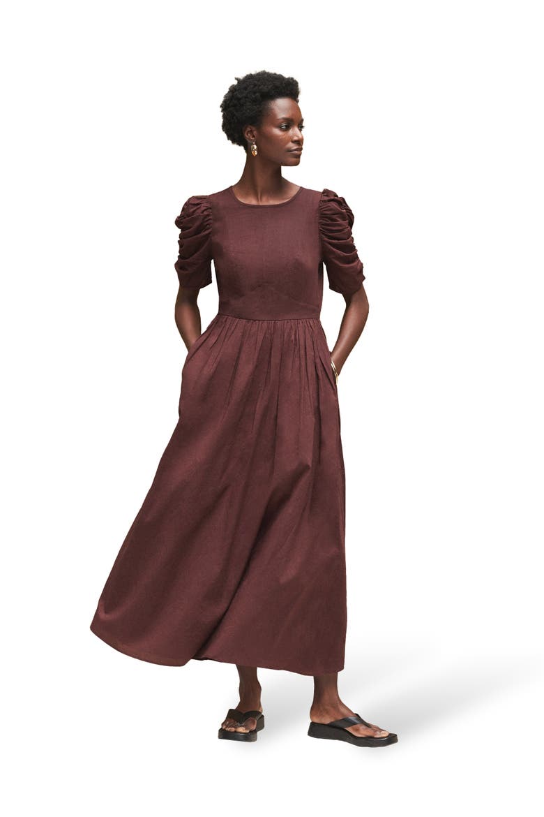 Cotton Puff Sleeve Midi Dress, Main, color, Chocolate