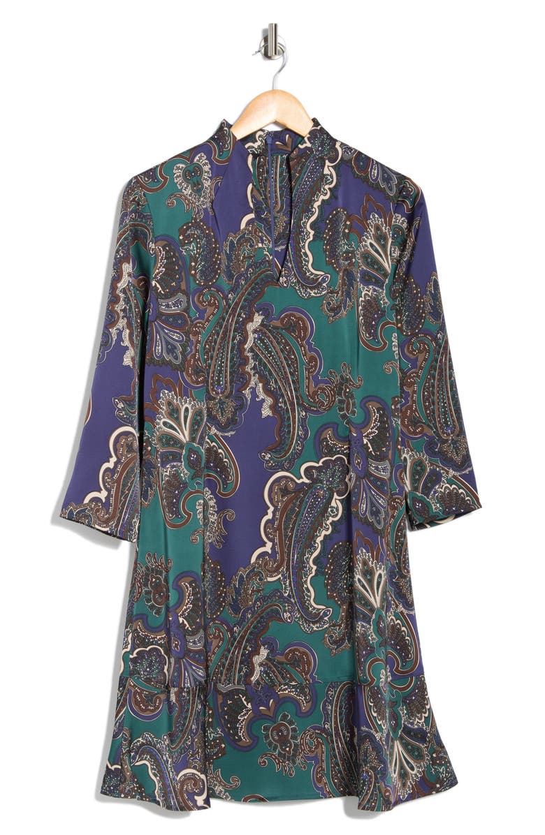 Ming Wang Paisley Print Crepe de Chine Dress, Alternate, color, Forest Veridian/Regatta
