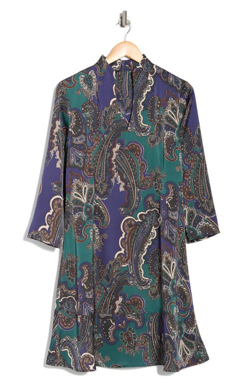 Ming Wang Paisley Print Crepe De Chine Dress In Blue