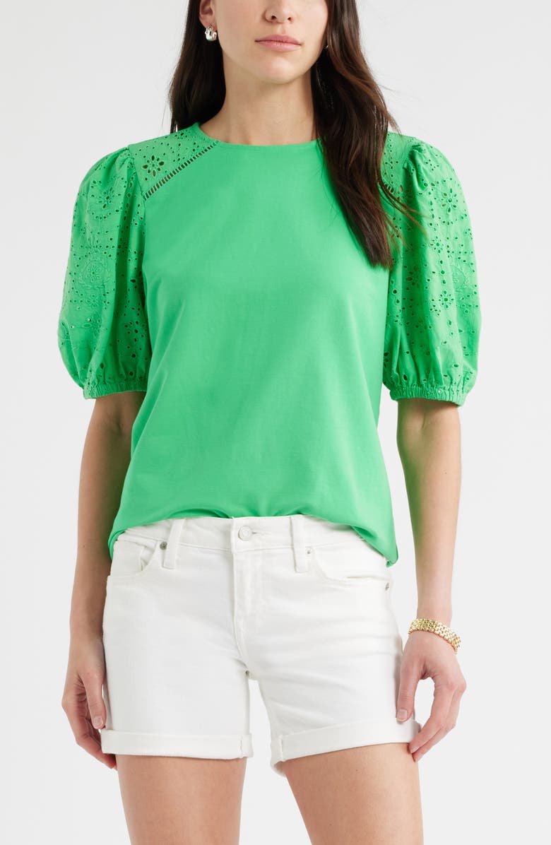 Caslon<sup>®</sup> Eyelet Embroidered Puff Sleeve Top, Main, color, Green Chameleon