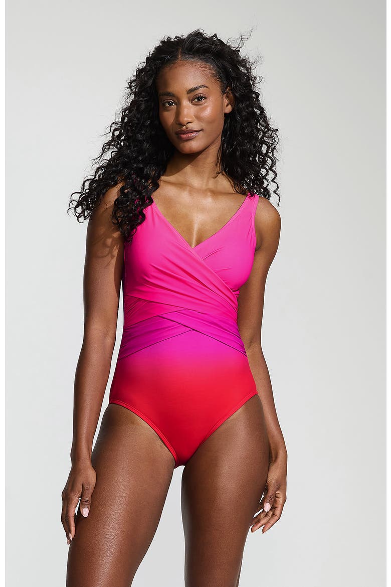 D-Cup Slender Tummy Control Chlorine Resistant V-neck Wrap One Piece Swimsuit, Main, color, Pink Multi Ombre