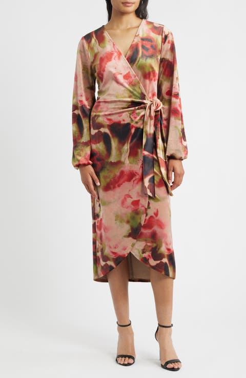 Moody Long Sleeve Velvet Faux Wrap Midi Dress