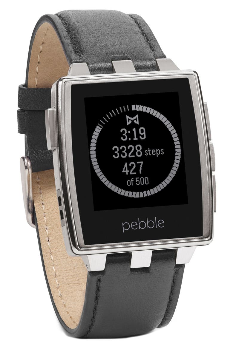 Rectangular Leather Strap Smart Watch, 43mm, Alternate, color, SILVER/ BLACK