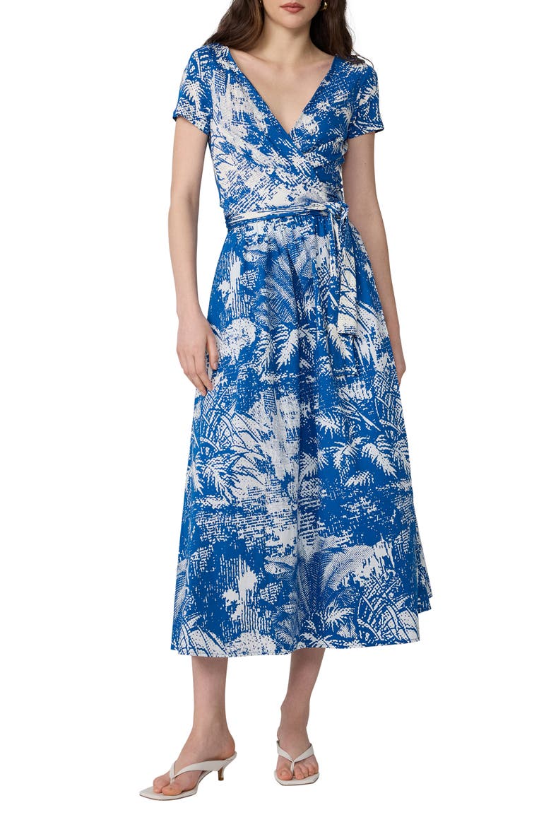 Elena Short Sleeve Mixed Media Wrap Dress, Main, color, PAYSAGE BIG CORFU