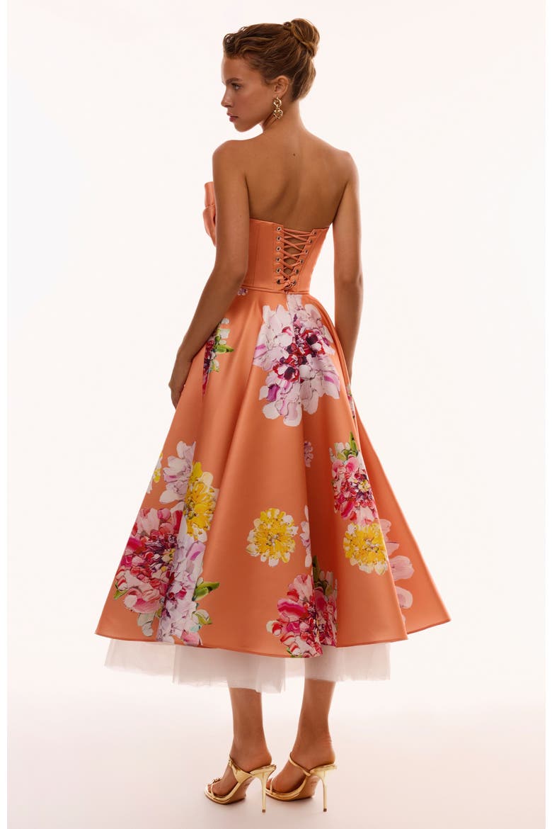 A-Line Satin Floral Print Midi Dress for Cocktail Events, Alternate, color, Orange Floral