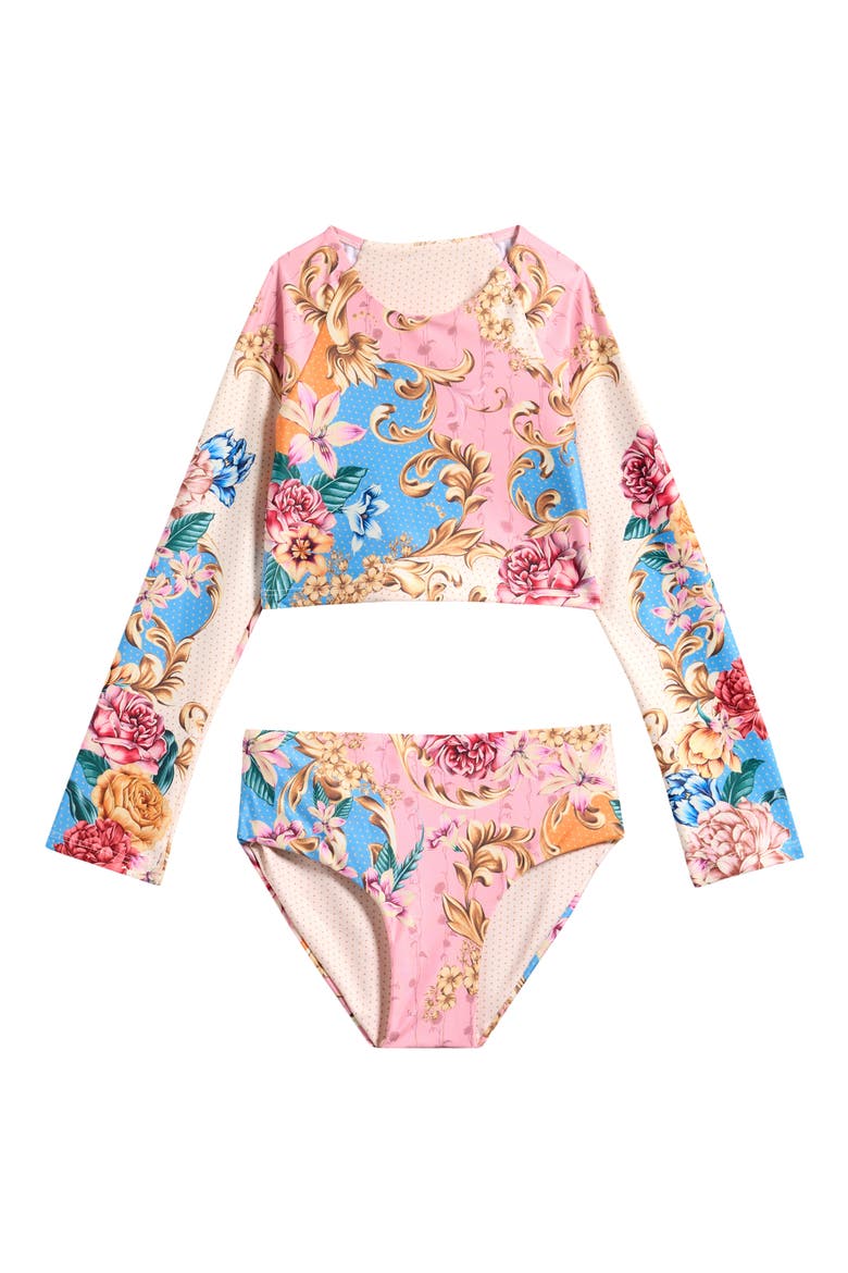Kids' Blush Caramel Long Sleeve Two-Piece Rashguard Swimsuit, Main, color, PINK MULTI