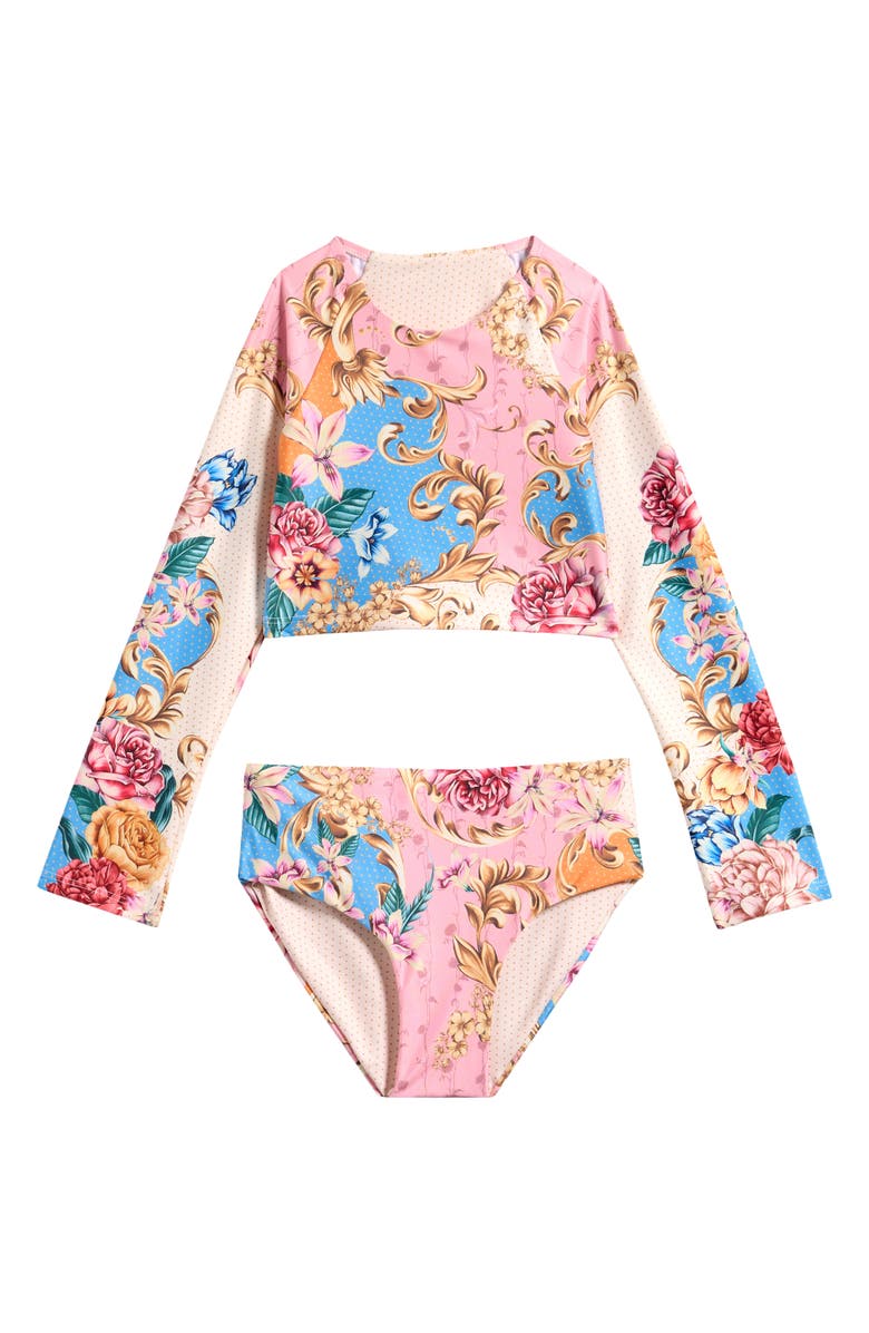 Agua Bendita Kids' Blush Caramel Long Sleeve Two-Piece Rashguard Swimsuit, Main, color, 