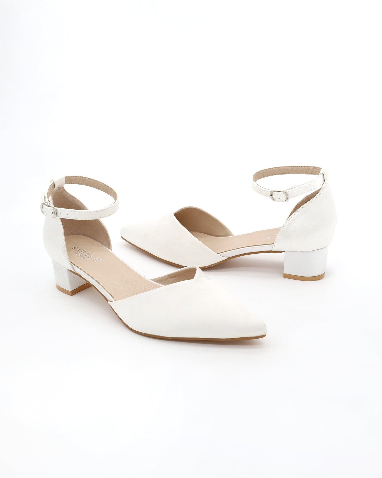 Kailee P Leila Satin Pointed Toe Low Block Heels Wedding Shoes, Alternate, color, White