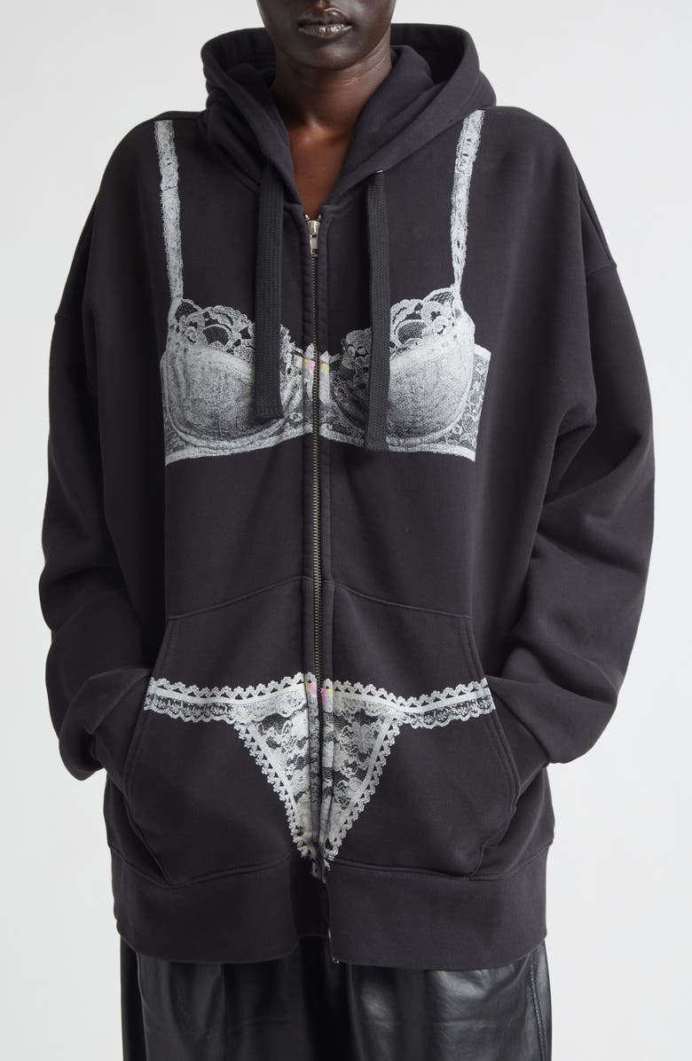 Vaquera Trompe l'Oeil Lingerie Oversize Full Zip Hoodie, Alternate, color, Washed Black