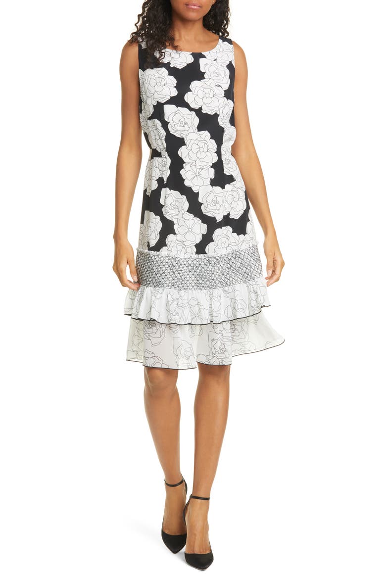 Chacha Ruffle Floral Silk Dress, Main, color, BLACK FINE FLOWER