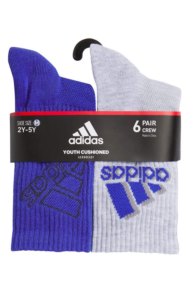 adidas Kids' Cushioned 2.0 6-Pack Crew Socks, Alternate, color, Lucid Blue/ Heather/ White