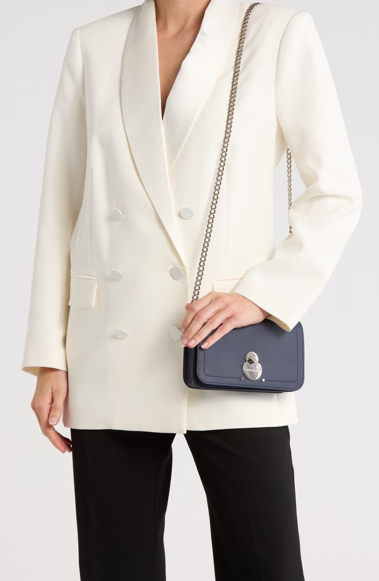 Longchamp Leather Flap Wallet on a Chain, Alternate, color, Navy