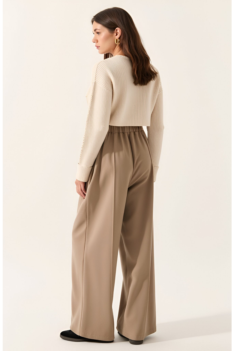 Wide-Leg Front-Seam Elastic Drawstring Waist Trousers, Alternate, color, Beige