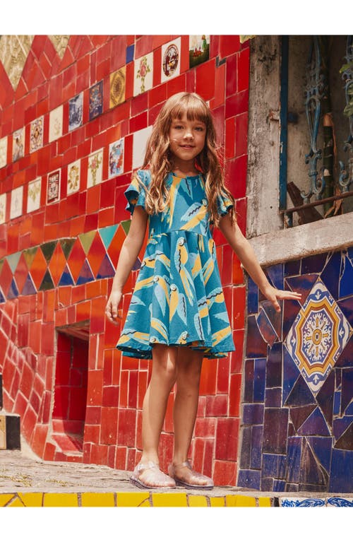 Tea Collection Flutter Sleeve Twirl Dress In Blue & Yellow Macaws