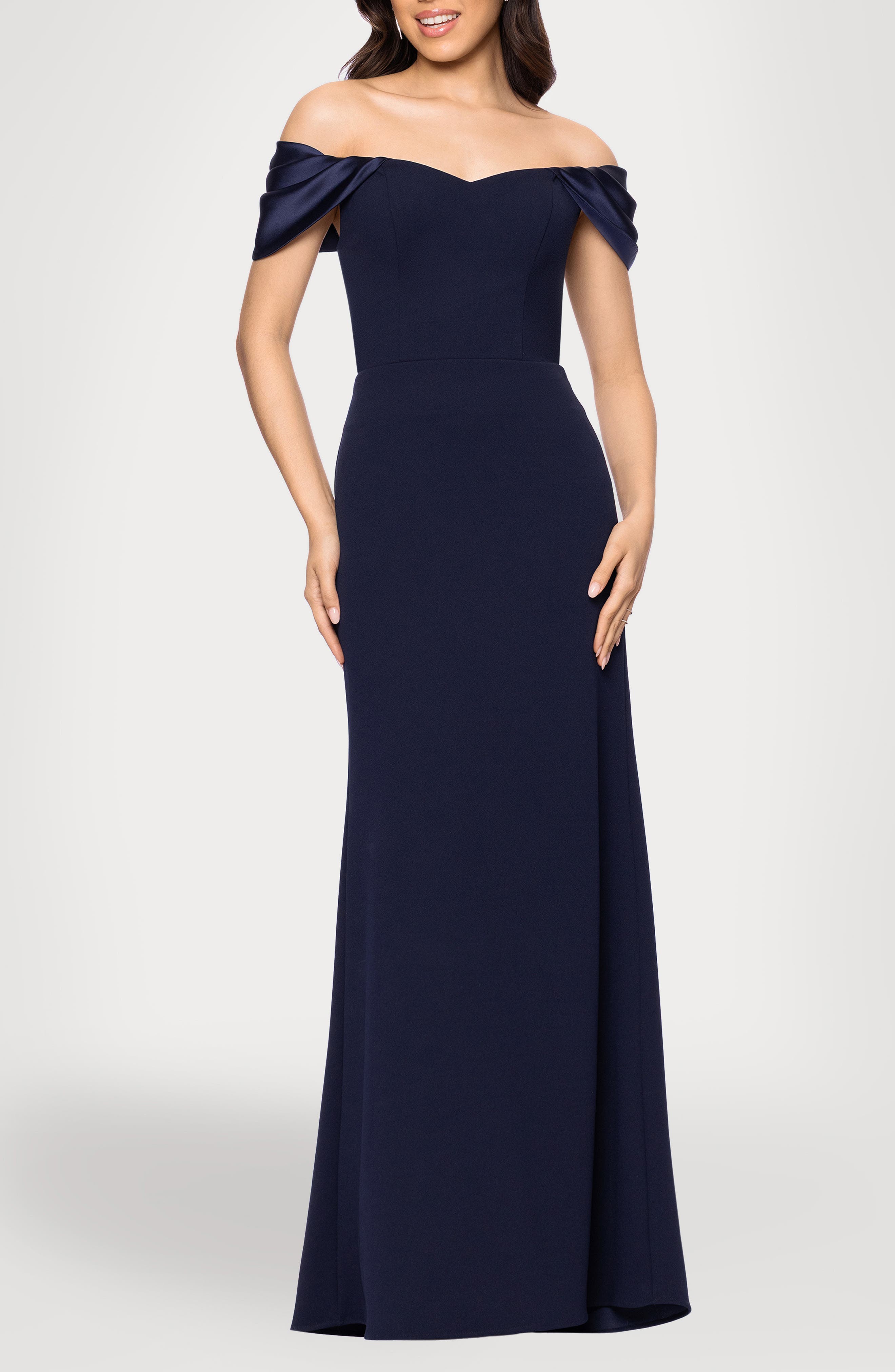 Blondie Nites Off the Shoulder Scuba Knit & Crepe Mermaid Gown in Navy 
