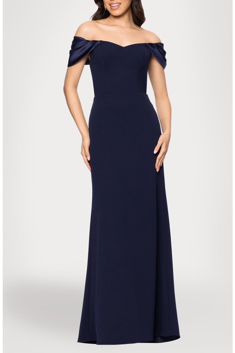 Off the Shoulder Scuba Knit & Crepe Mermaid Gown, Main, color, NAVY