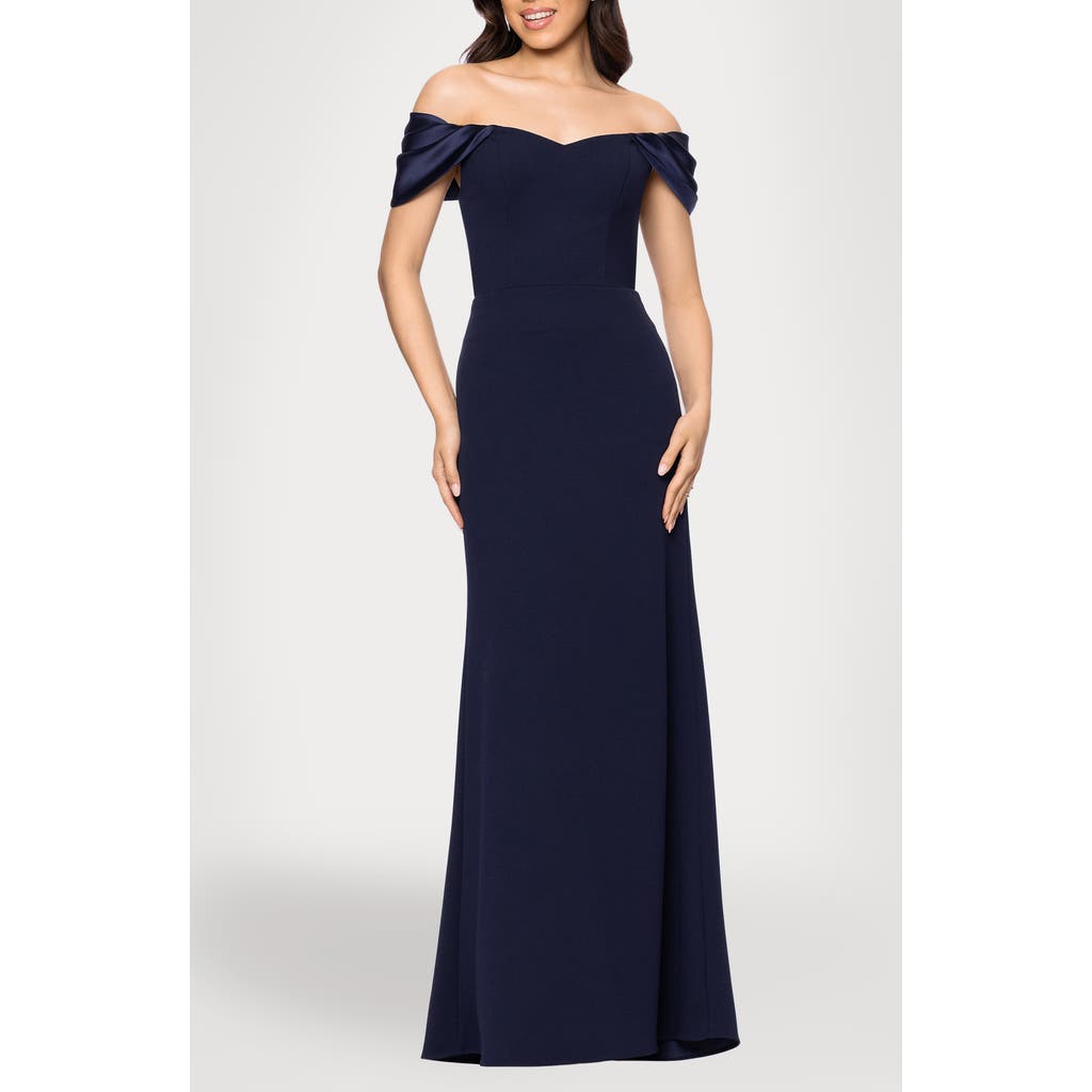 Blondie Nites Off The Shoulder Scuba Knit & Crepe Mermaid Gown In Blue