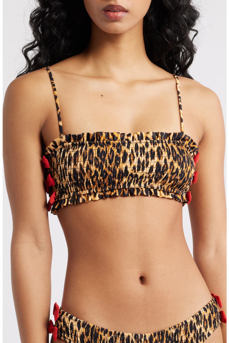 Leopard Smocked Bow Bandeau Bikini Top, Main, color, BROWN