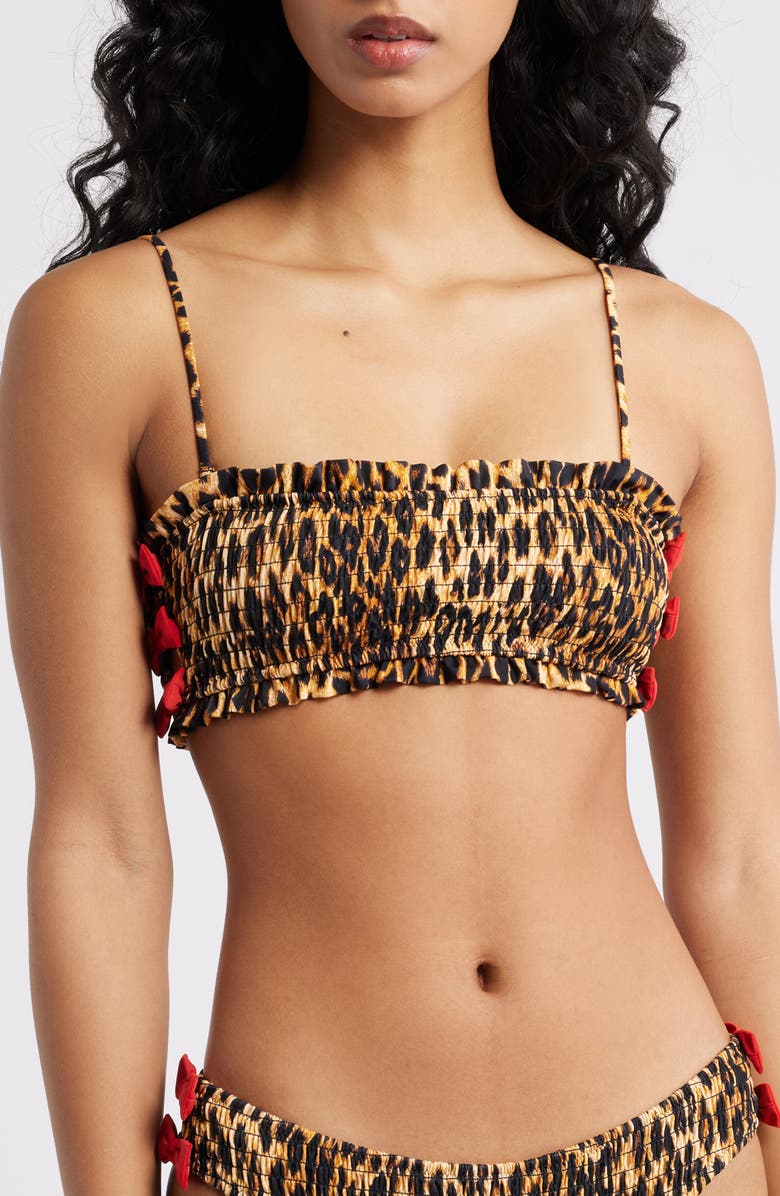 Damson Madder Leopard Smocked Bow Bandeau Bikini Top, Main, color, Brown