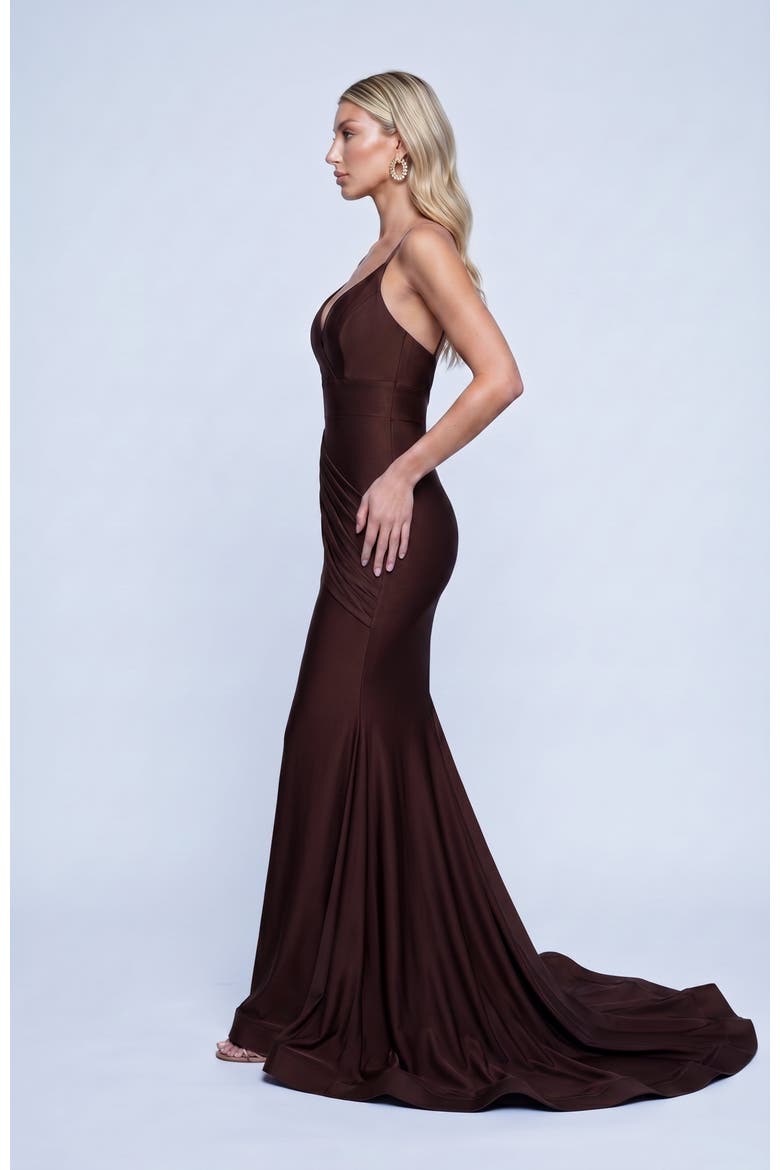Ruched Plunge Neck Mermaid Evening Gown, Alternate, color, Brown