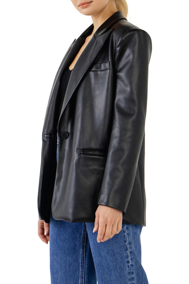 Oversize Faux Leather Blazer, Alternate, color, BLACK