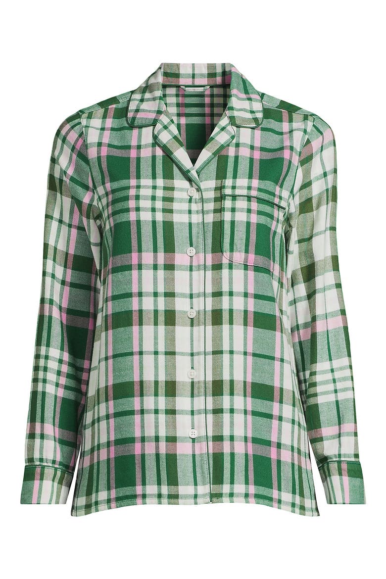 Long Sleeve Print Flannel Pajama Top, Alternate, color, Light Emerald/Pink Plaid