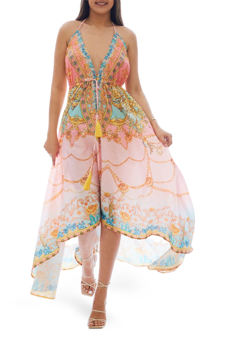 Mixed Print Tassel Handkerchief Maxi Dress, Main, color, PINK