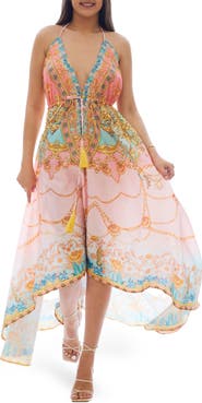 RANEES Mixed Print Tassel Handkerchief Maxi Dress