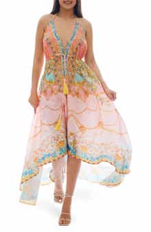 RANEES Mixed Print Tassel Handkerchief Maxi Dress