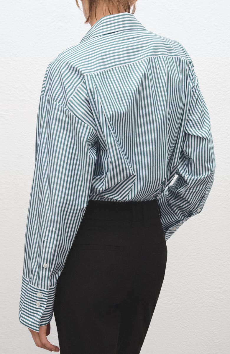 MANGO Stripe Oversize Organic Cotton Button-Up Shirt, Alternate, color, Green