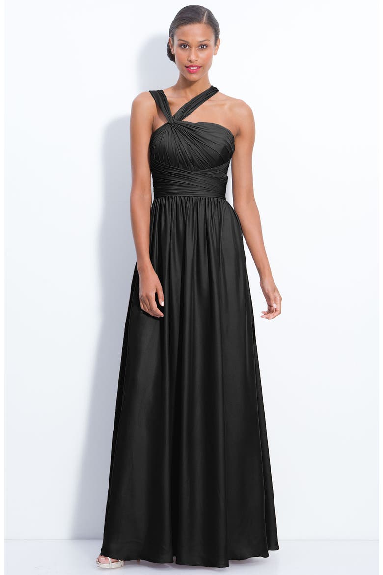 Twist Shoulder Satin Chiffon Gown (Nordstrom Exclusive), Main, color, BLACK