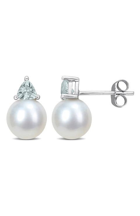 Freshwater Pearl & Aquamarine Drop Earrings