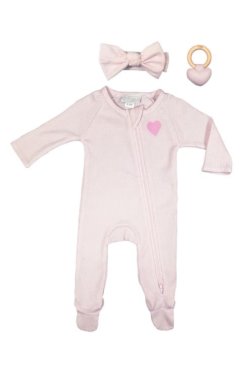 Embroidered Heart Waffle Stitch Footie, Headband & Rattle Set (Baby)