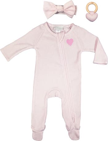 Embroidered Heart Waffle Stitch Footie, Headband & Rattle Set