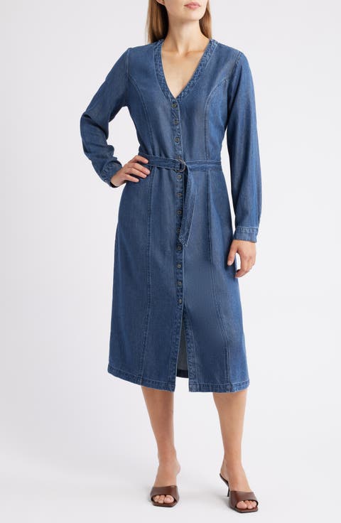 Long Sleeve Belted Denim Midi Dress