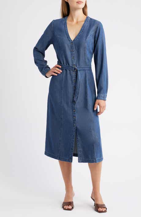 Cloth & Stone Long Sleeve Belted Denim Midi Dress