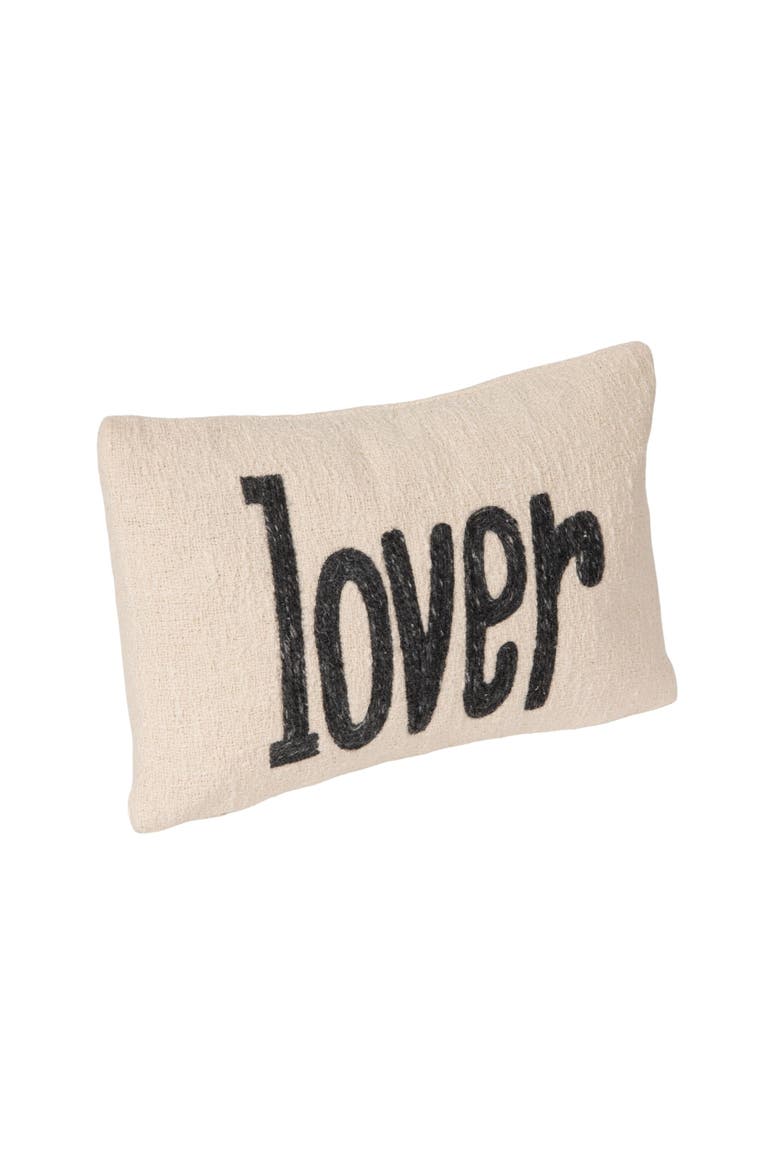 Woven Cotton Embroidered Lumbar Pillow "Lover", Cream and Grey Melange, Alternate, color, White