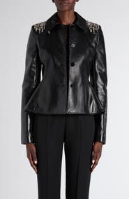 McQueen Crystal Embroidered Leather Peplum Jacket