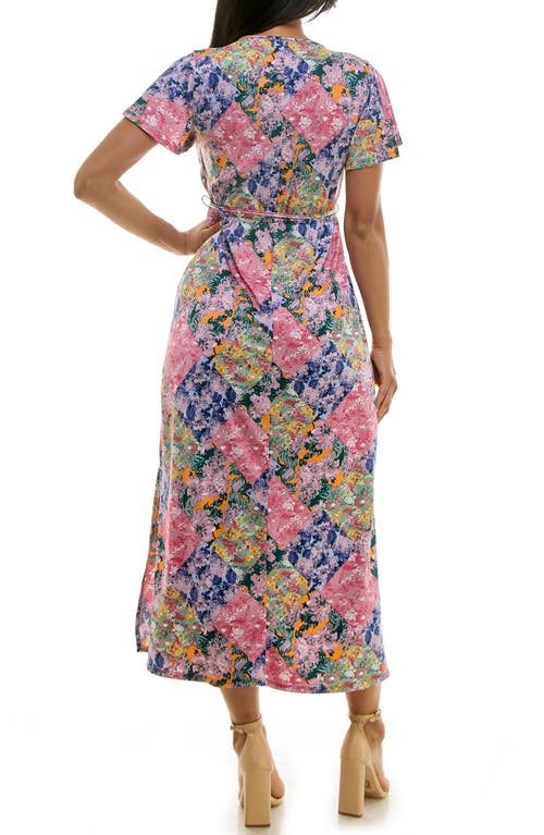 Nina Leonard Tie Waist Maxi Dress In Blue Multi