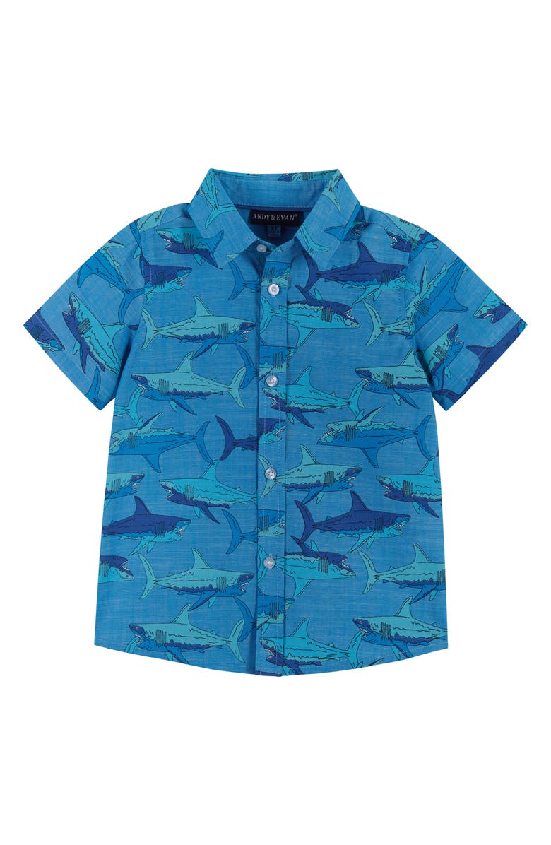 Andy & Evan Kids' Shark Print Cotton Button-Up Shirt & Shorts Set, Alternate, color, Blue Sharks