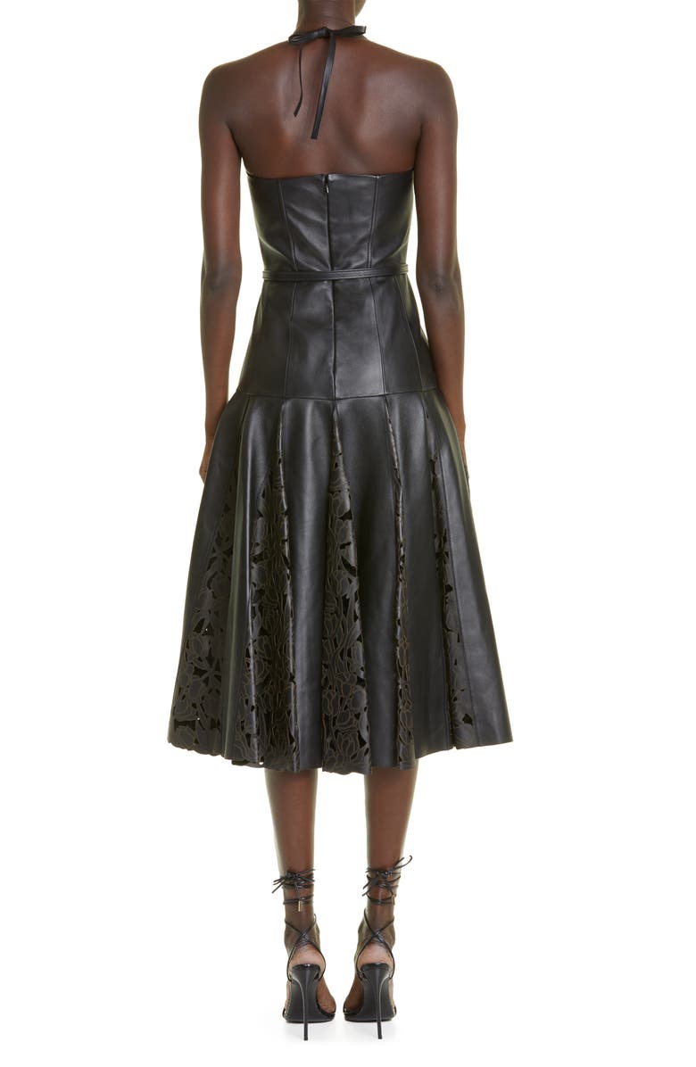 Oscar de la Renta Tulip Belted Laser Cutout Godet Lambskin Leather Dress, Alternate, color, 