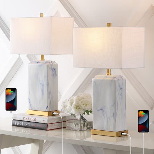 Jonathan Y Chloe 24.5" Modern Coastal Iron/marbled Ceramic Led Table Lamp With Usb Charging Port, Bl In Blue/white