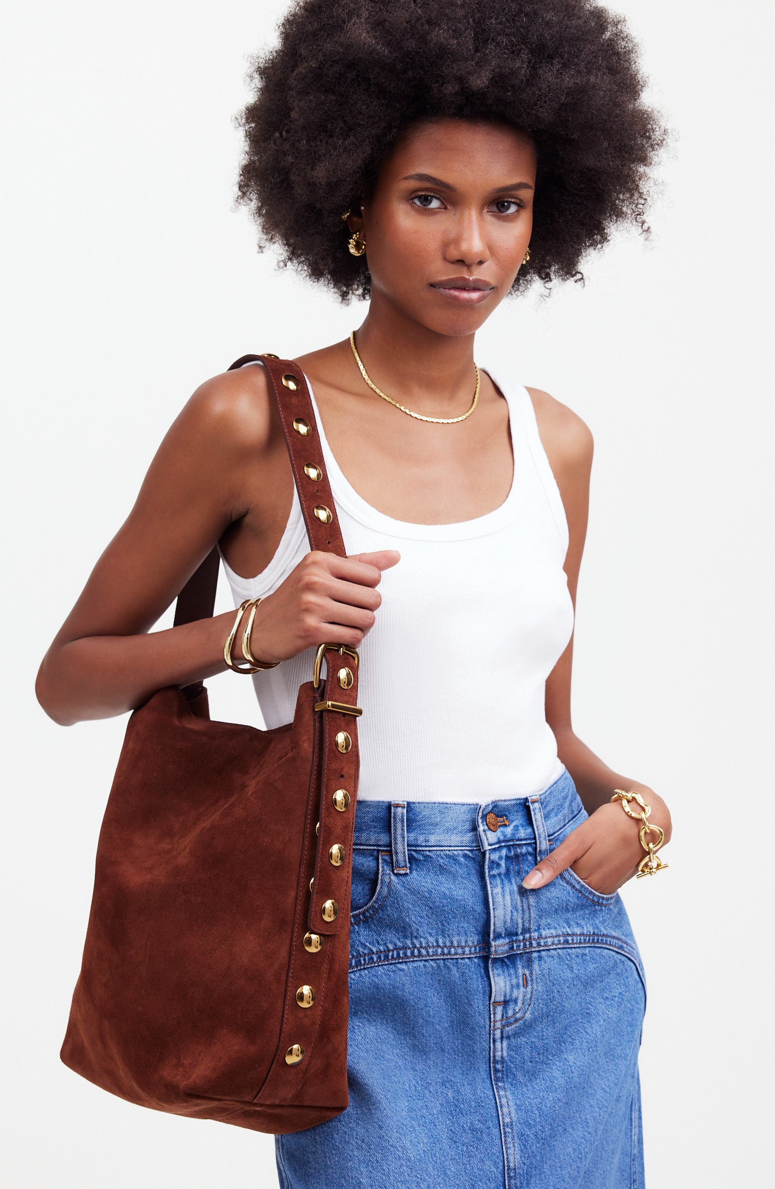 Madewell Essentials Suede Bucket Bag, Alternate, color, Soft Mahogany