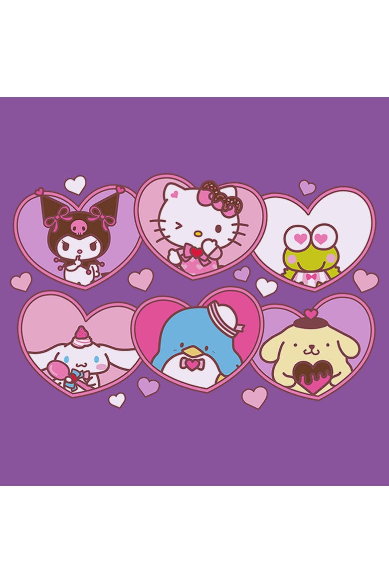 Girl's Hello Kitty Cute Hearts and Portraits  Graphic T-Shirt, Alternate, color, Purple Berry