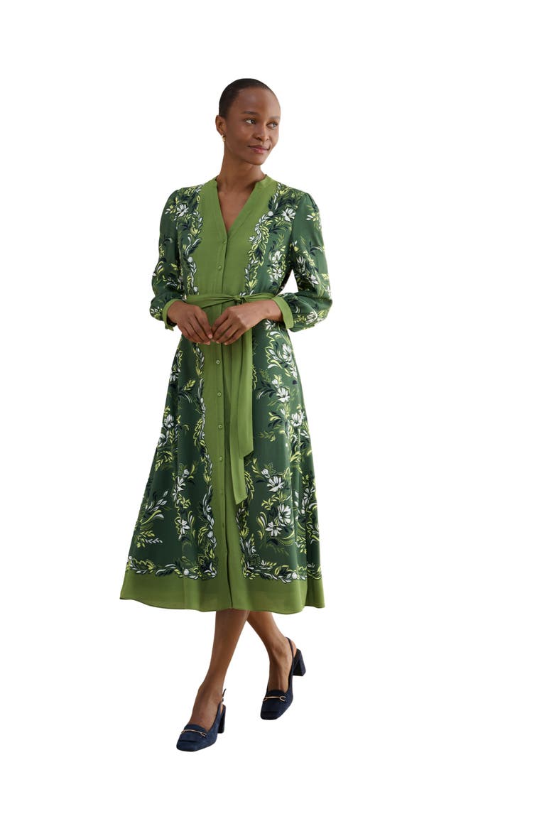 Apolline Printed V-Neck Midi Shirt Dress, Main, color, Green Multi