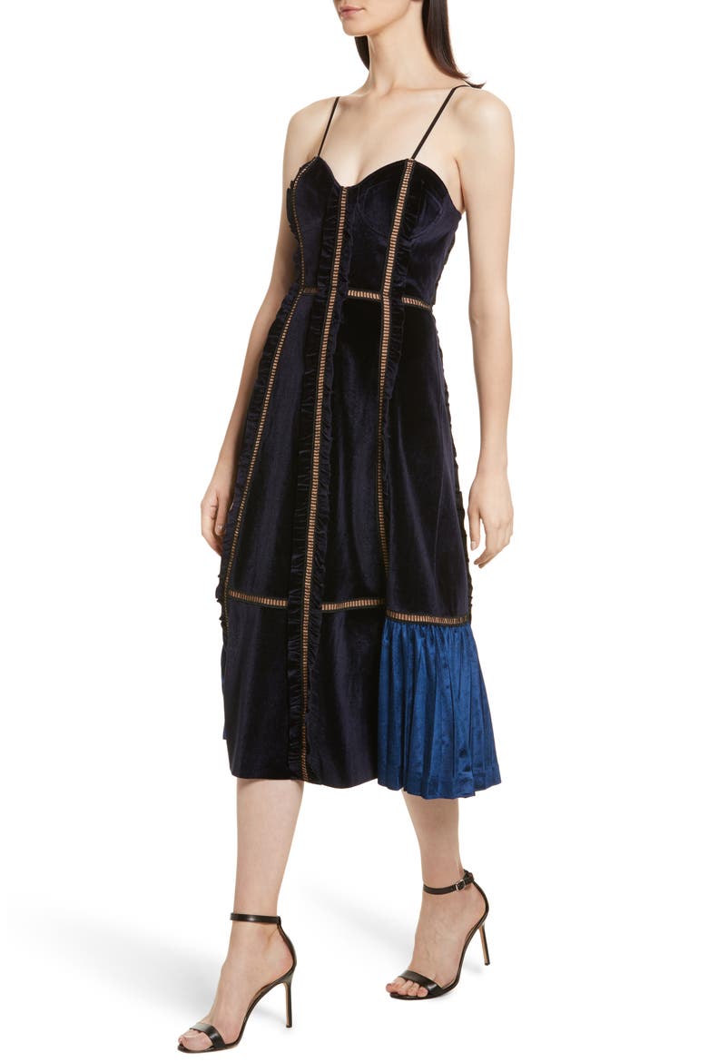 Paneled Velvet Midi Dress, Alternate, color, MIDNIGHT BLUE